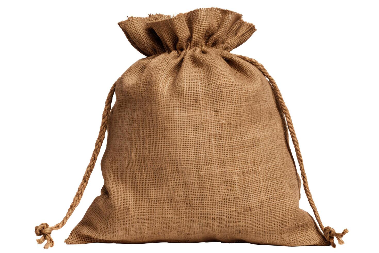 A burlap sack is a strong, durable bag made from jute or hemp fibers. It is often used for storing or transporting goods. photo