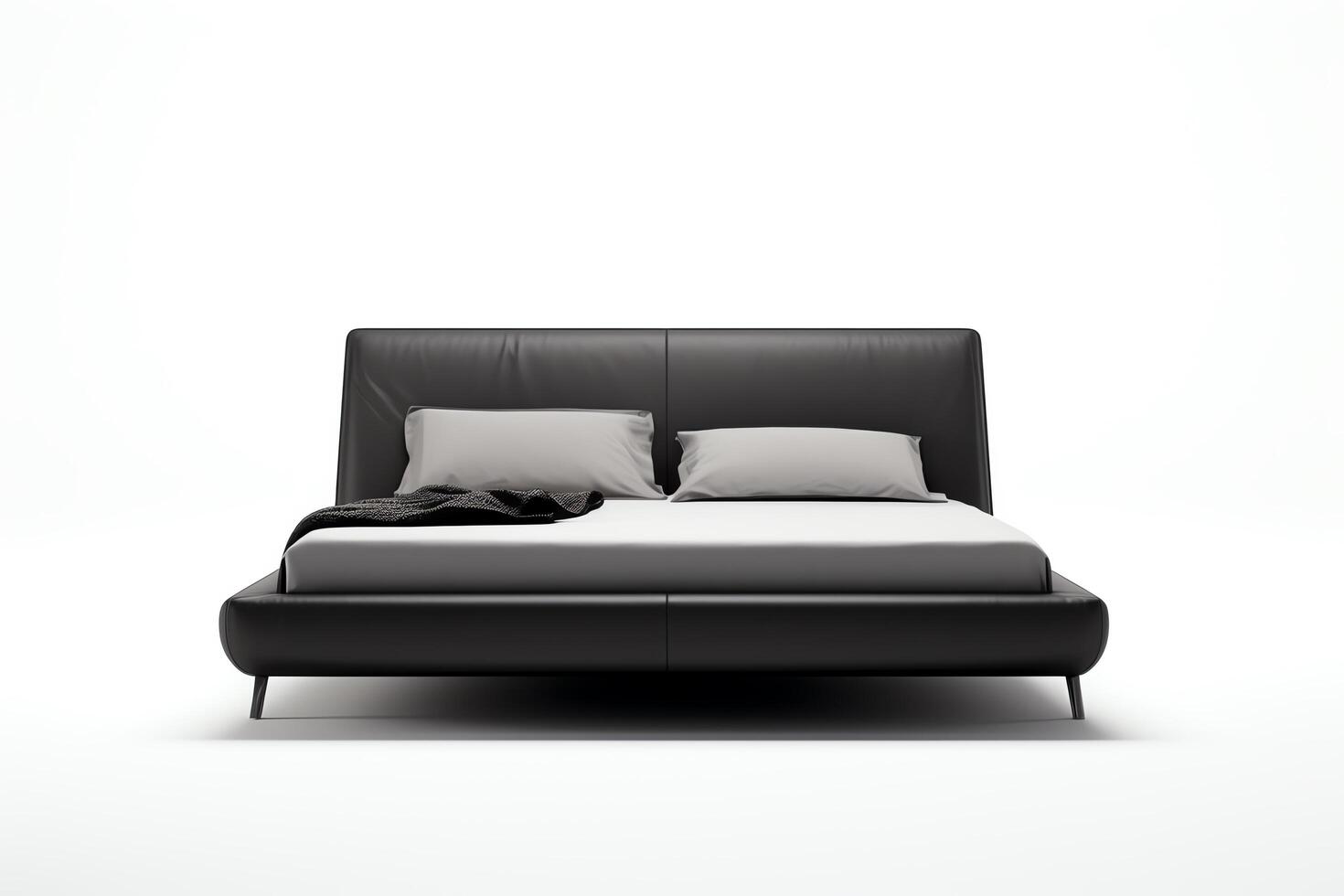 Create a photorealistic image of a minimal black leather bed with white pillows and gray blanket on a white background photo