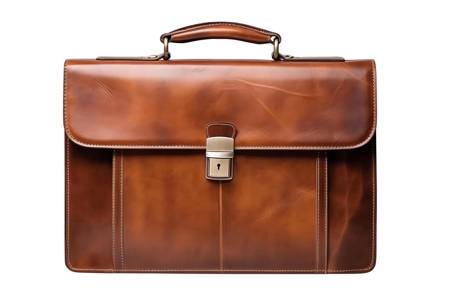 A brown leather briefcase is sitting on a white background. The briefcase is closed and has a handle on top. photo