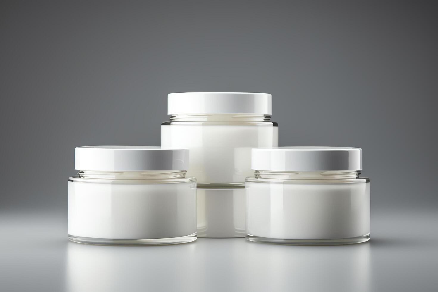 3D rendering of a trio of cosmetic jars with white cream on a reflective surface. The jars are arranged in a triangular formation. The background is a soft grey. photo