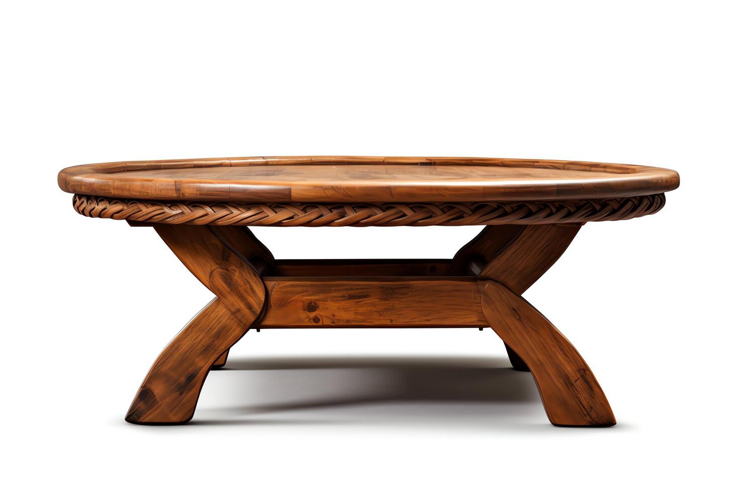 Generate a 3D model of a rustic wooden coffee table with a round top and a woven wicker shelf underneath photo