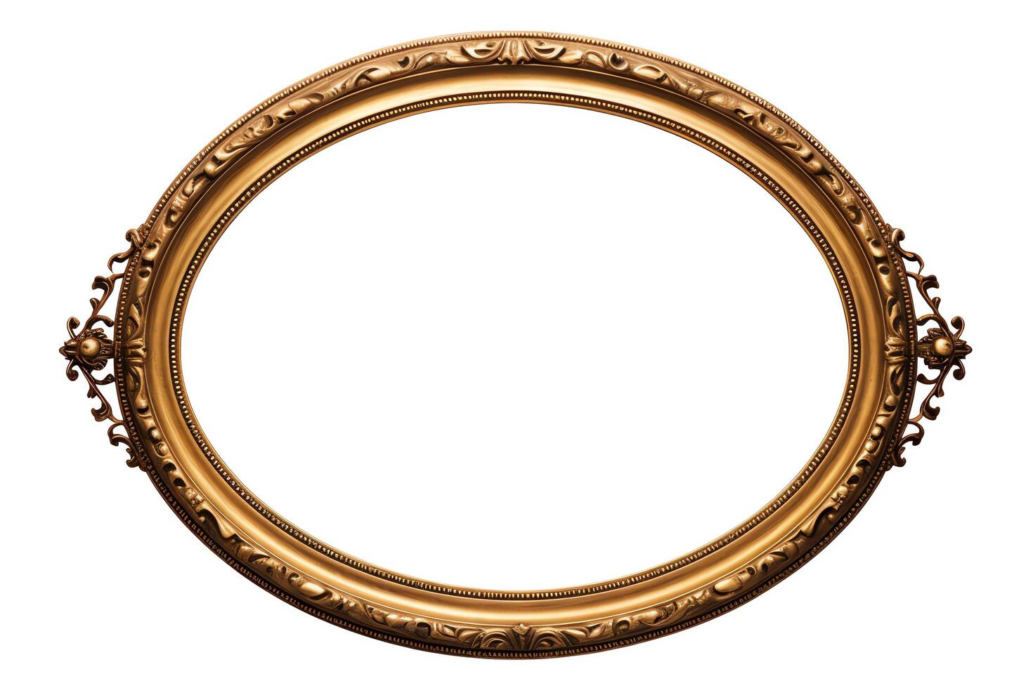 Enhance the provided image of an old gilded oval frame to make it look more realistic, detailed, and of high quality photo