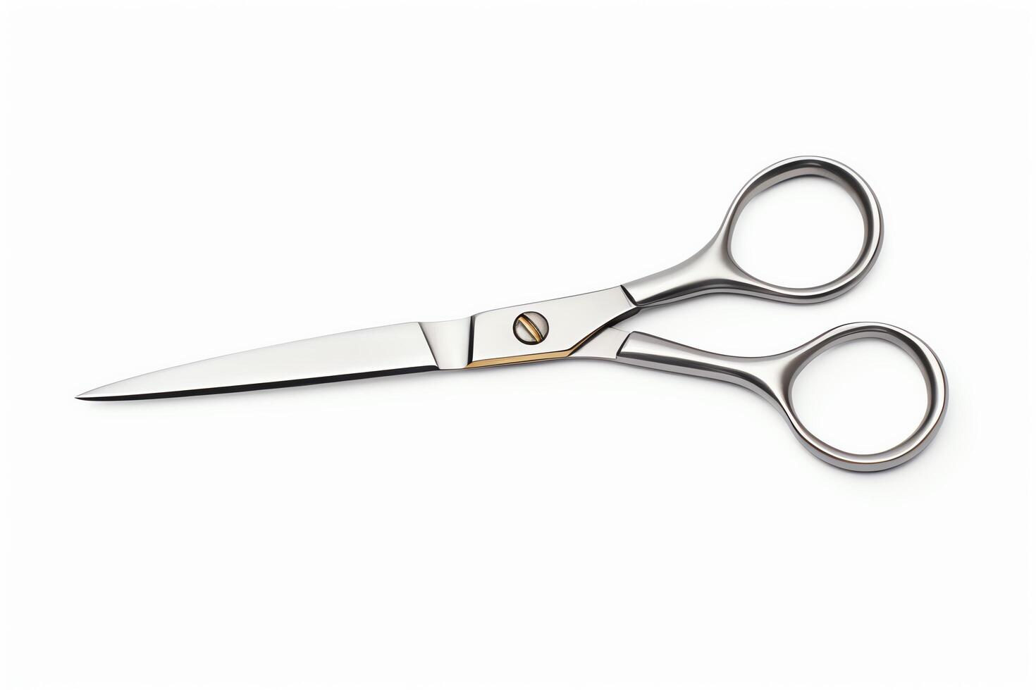 Silver scissors with sharp blades, closed position, isolated on a white background, format for craft and office supplies. photo