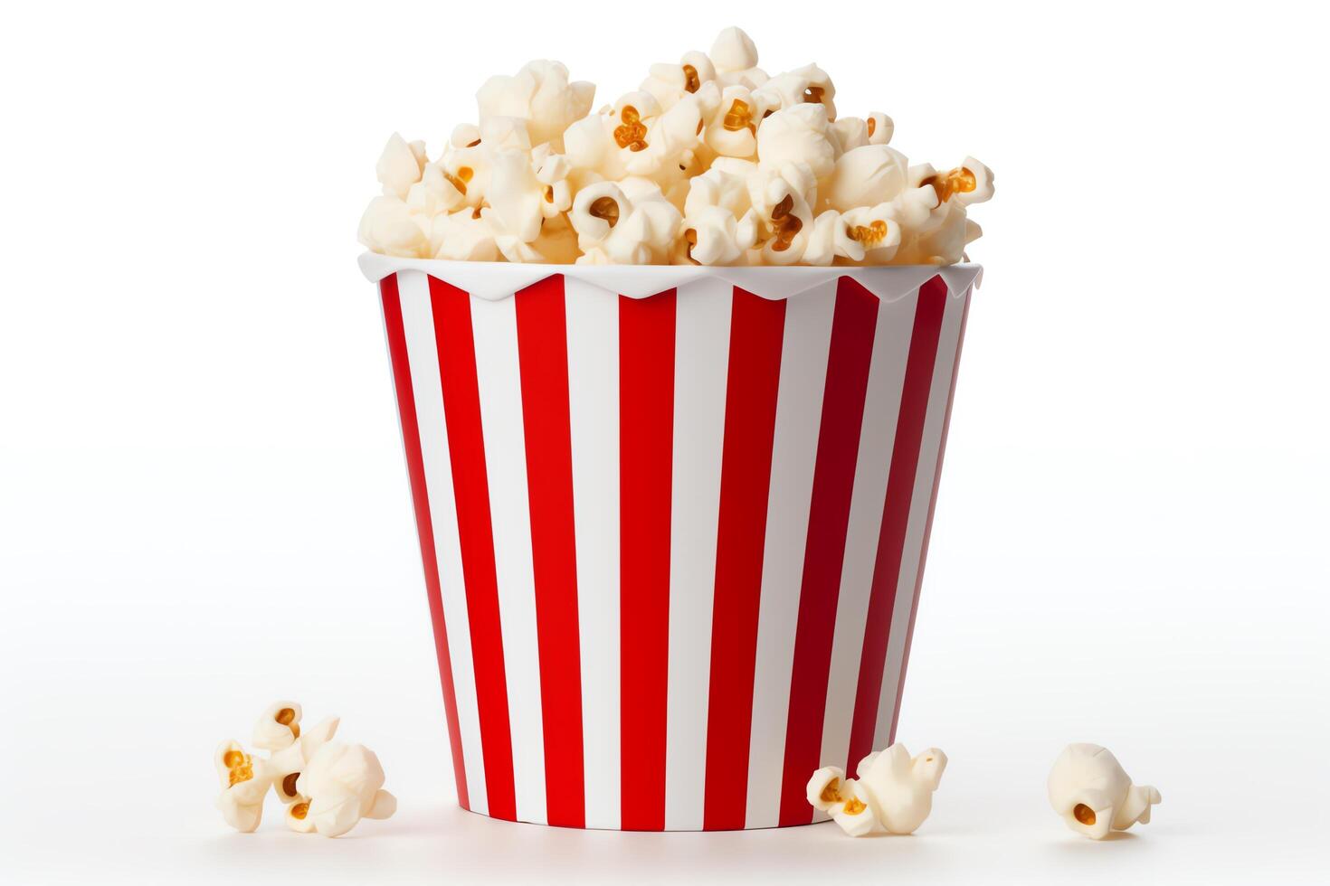 A red and white striped popcorn bucket is sitting on a white surface. The bucket is full of popcorn. There are some pieces of popcorn scattered around the bucket. photo