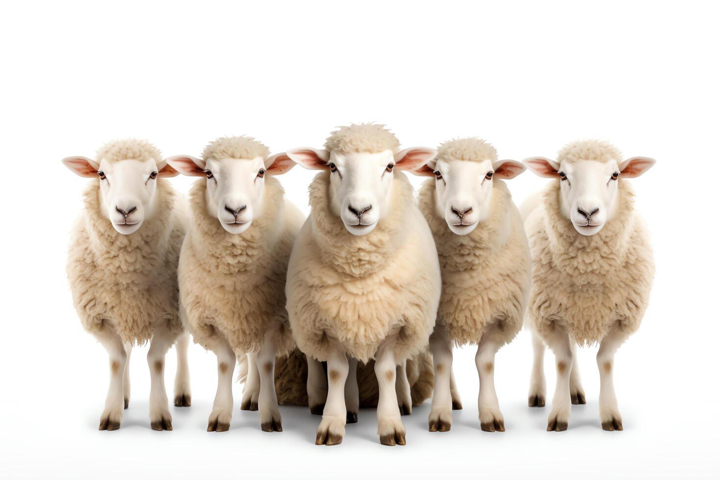 Five sheep standing in a row against a white background. The sheep are all looking at the camera. photo