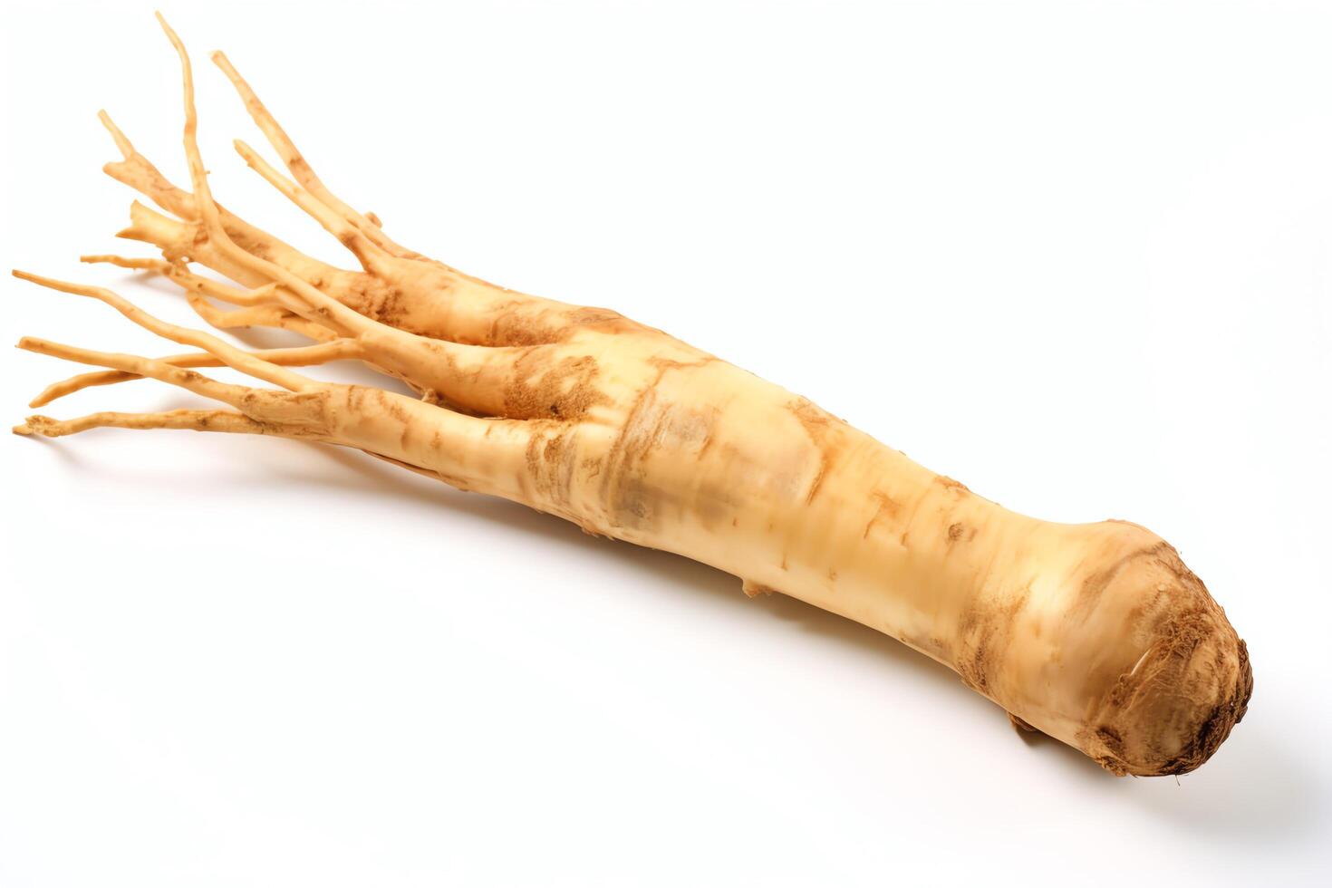 A close-up image of a ginseng root. The root is long,beige, and has a wrinkled texture. It is isolated on a white background. photo