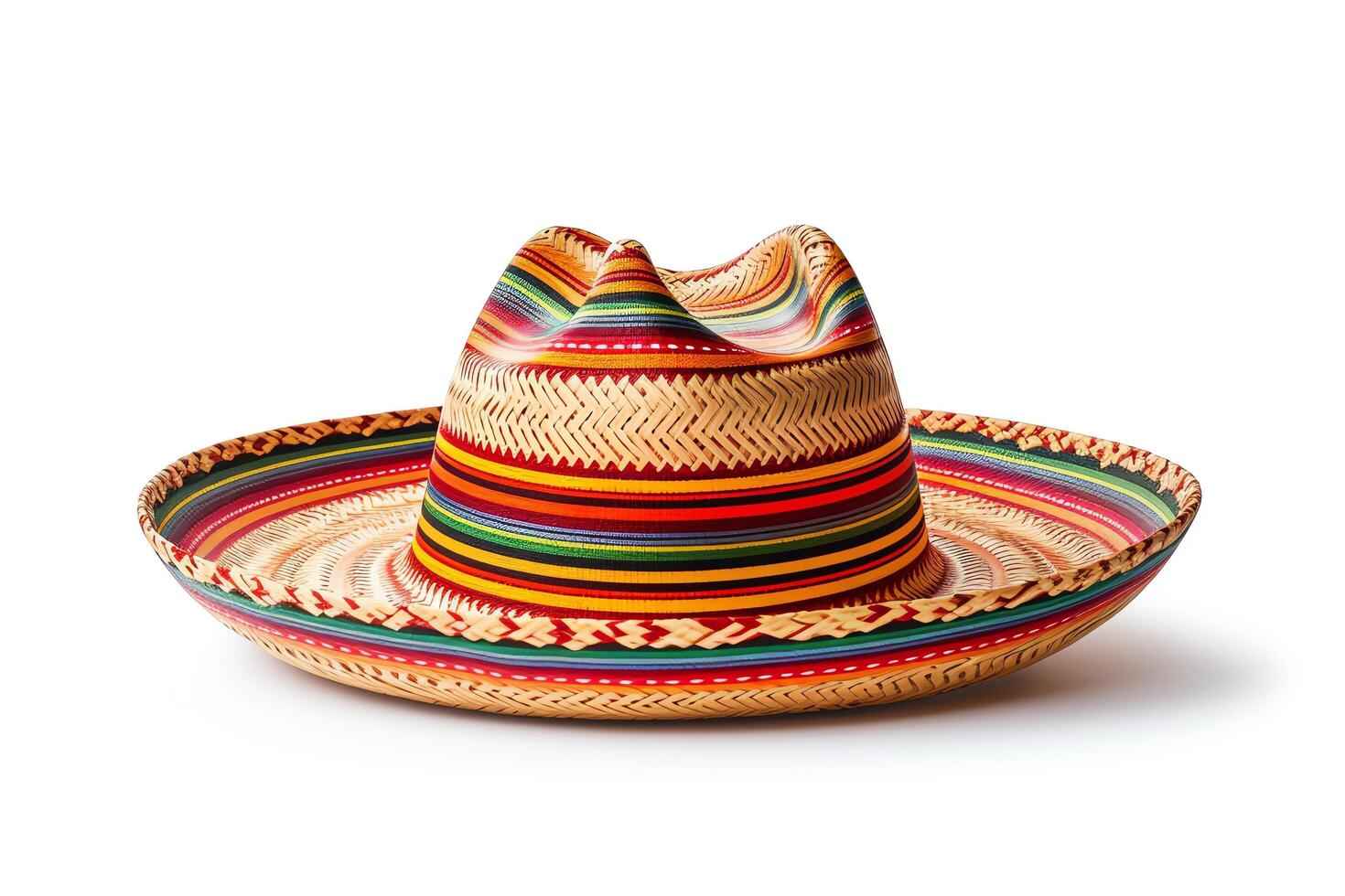 A straw hat with a colorful striped pattern. It is a traditional Mexican sombrero hat. photo