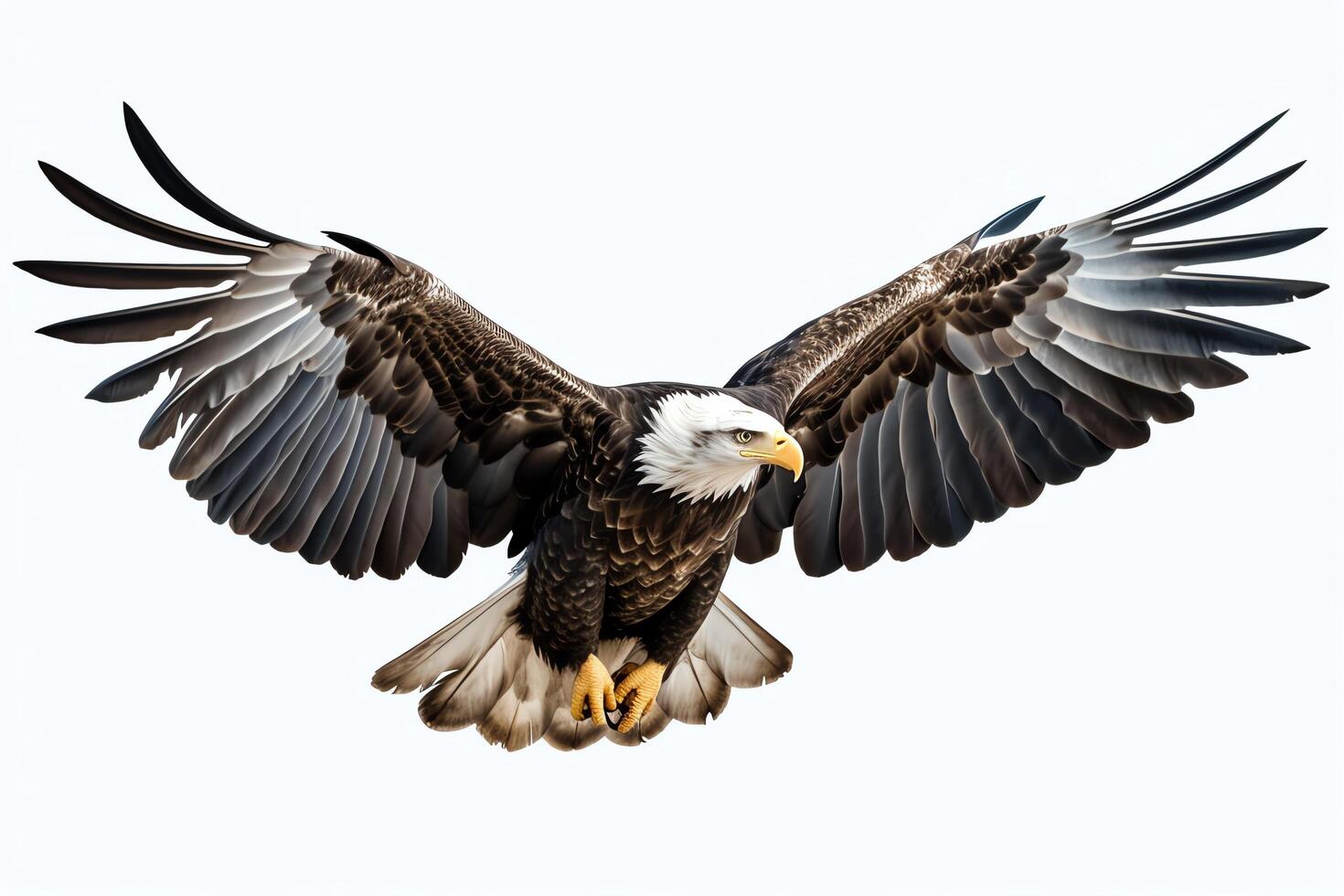 A bald eagle soars through the sky, its wings outstretched and its feathers gleaming in the sun photo