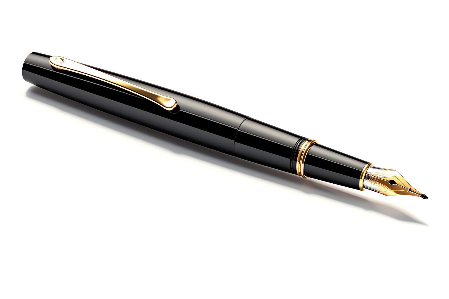 Sleek black fountain pen, detailed nib closeup, isolated on a white background, format for premium stationery presentations. photo
