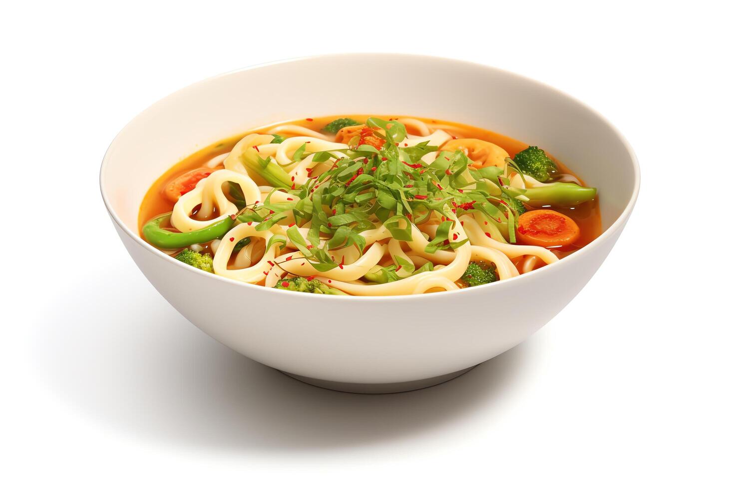 A bowl of udon noodles in a light broth with vegetables. The noodles are topped with a sprinkle of green onions and red pepper flakes. photo