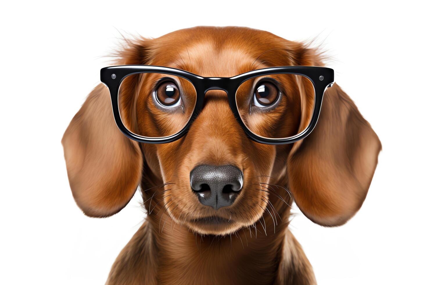 An adorable dachshund wearing horn-rimmed glasses. The dog is looking at the camera with a curious expression. photo