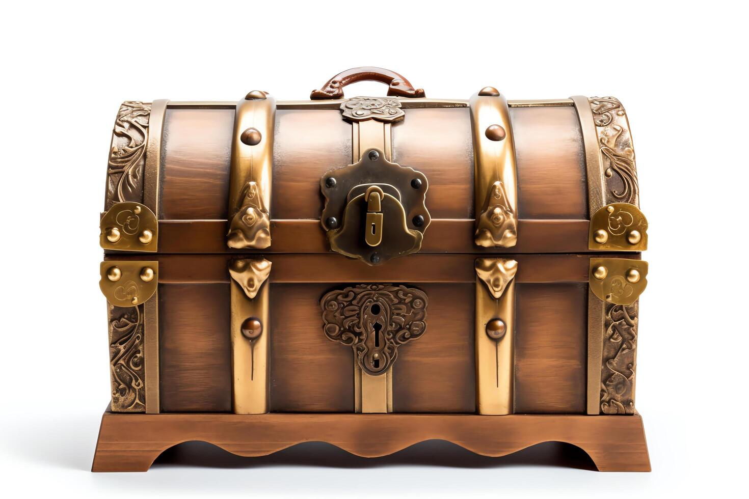 An ancient wooden treasure chest bound with ornate golden locks and hinges. The chest is carved with intricate designs and has a mysterious aura about it. photo