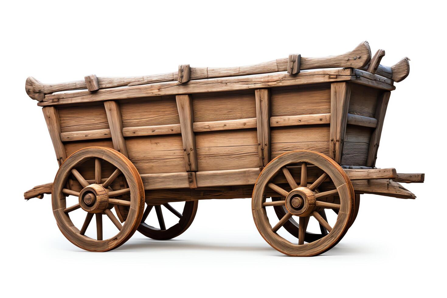 A wooden cart with two wheels. The cart is made of wooden planks and has a wooden frame. The wheels are made of wood and have metal rims. photo