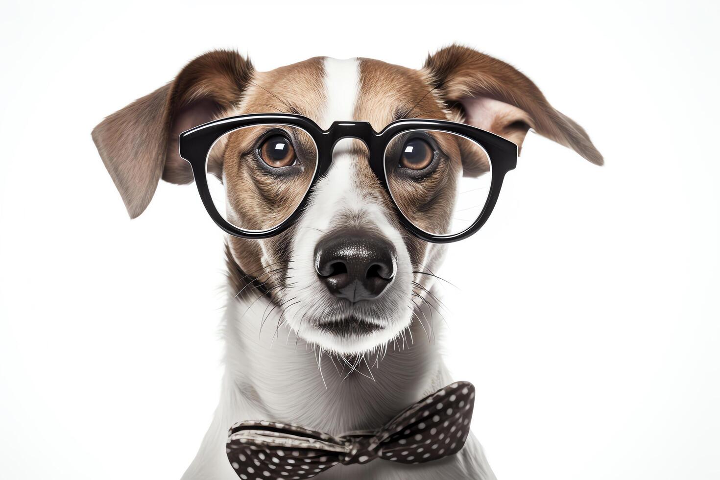 A closeup portrait of a serious dog wearing horn-rimmed glasses and a polka dot bow tie. The dog is looking directly at the camera with a slightly puzzled expression. photo