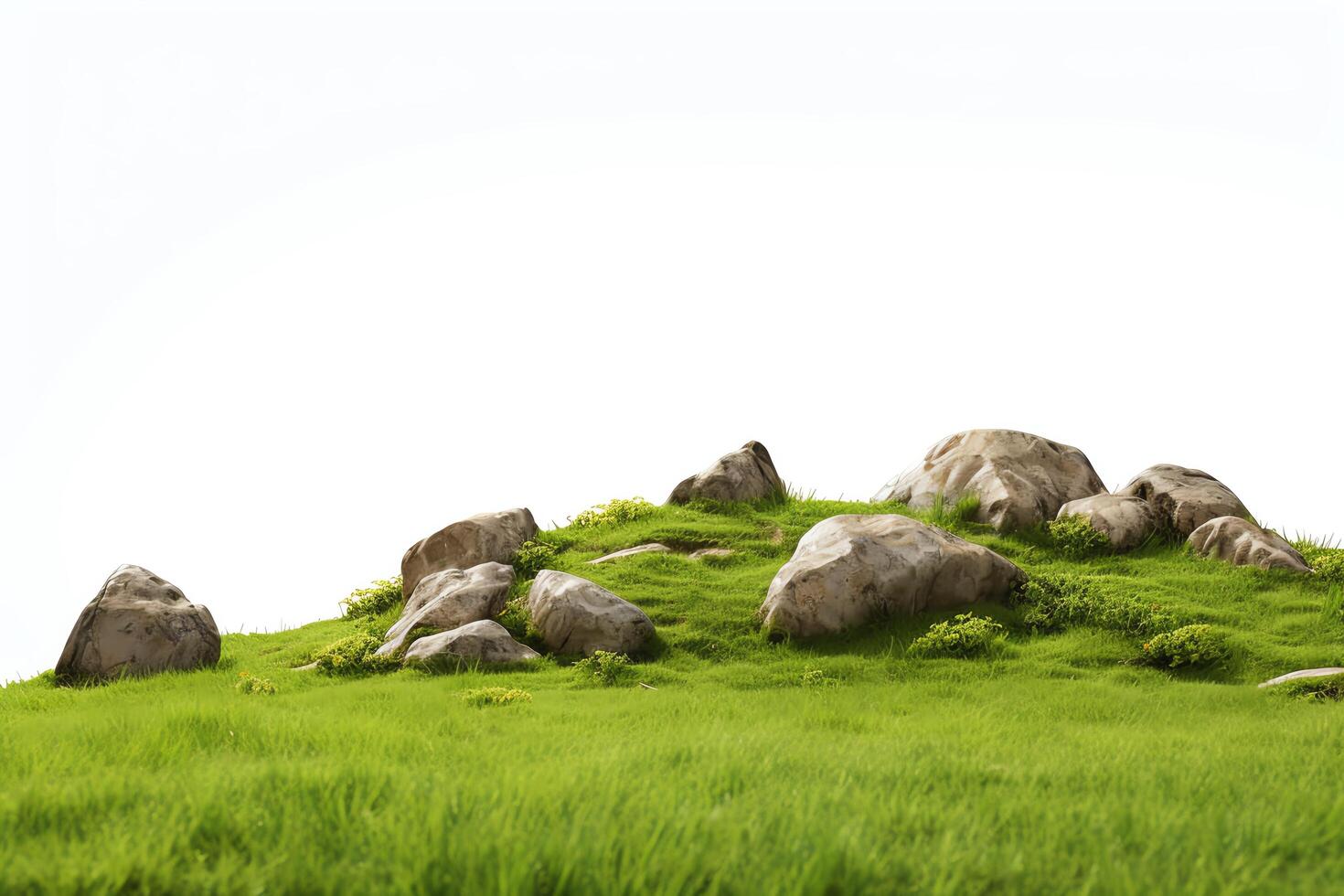 Create a realistic 3D rendering of a grassy hill with large rocks photo