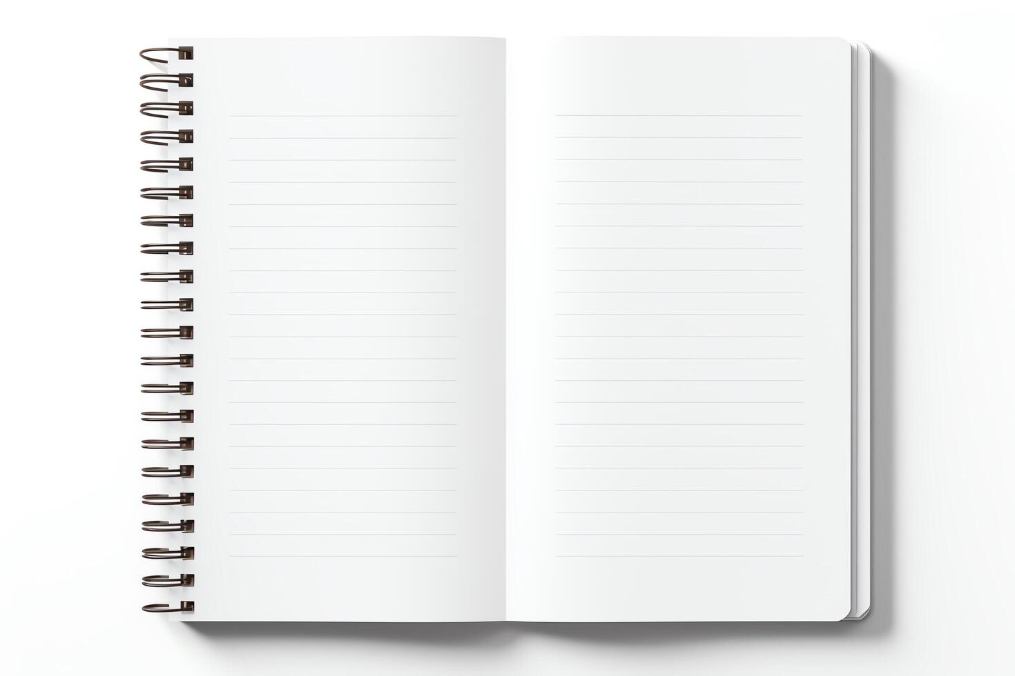 Spiral notebook open to blank pages, crisp and clean presentation, isolated on a white background, highquality file. photo