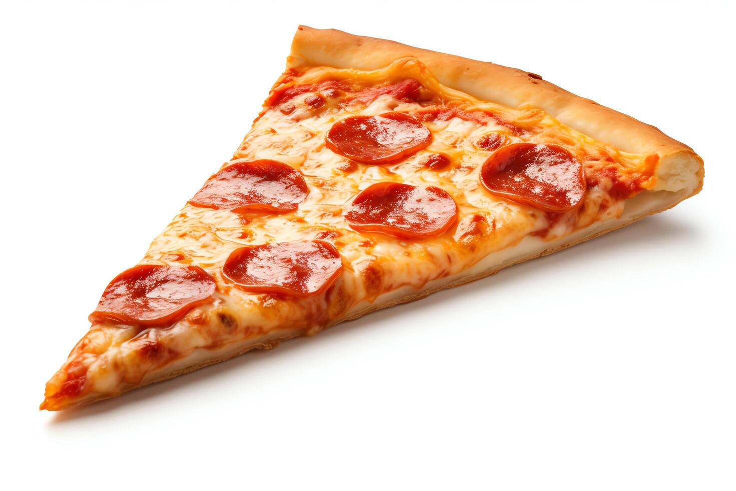 A slice of pizza with pepperoni, mozzarella cheese, and tomato sauce. The pizza is isolated on a white background. photo