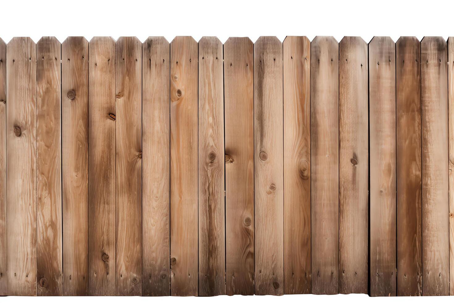 A rustic wooden fence with a weathered appearance. The fence is made of vertical planks with pointed tops, and there are gaps between the planks. photo