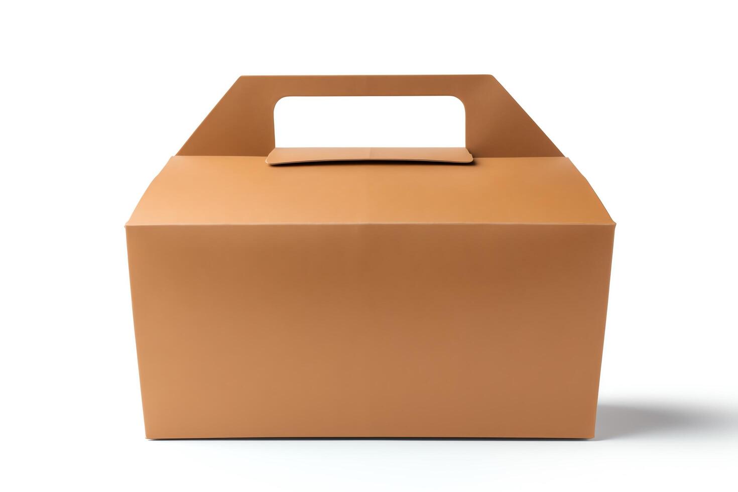 A brown cardboard take-out box with a handle. photo