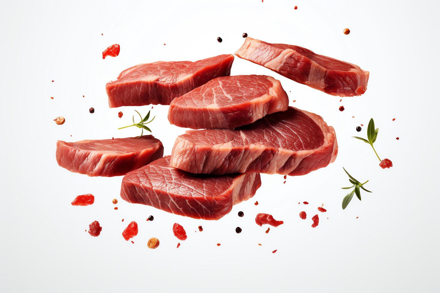 Levitating steak cut into pieces, each separated as a single object in DiCut style, displayed on a white background with all watermarks, logos, letters, and shadows removed photo