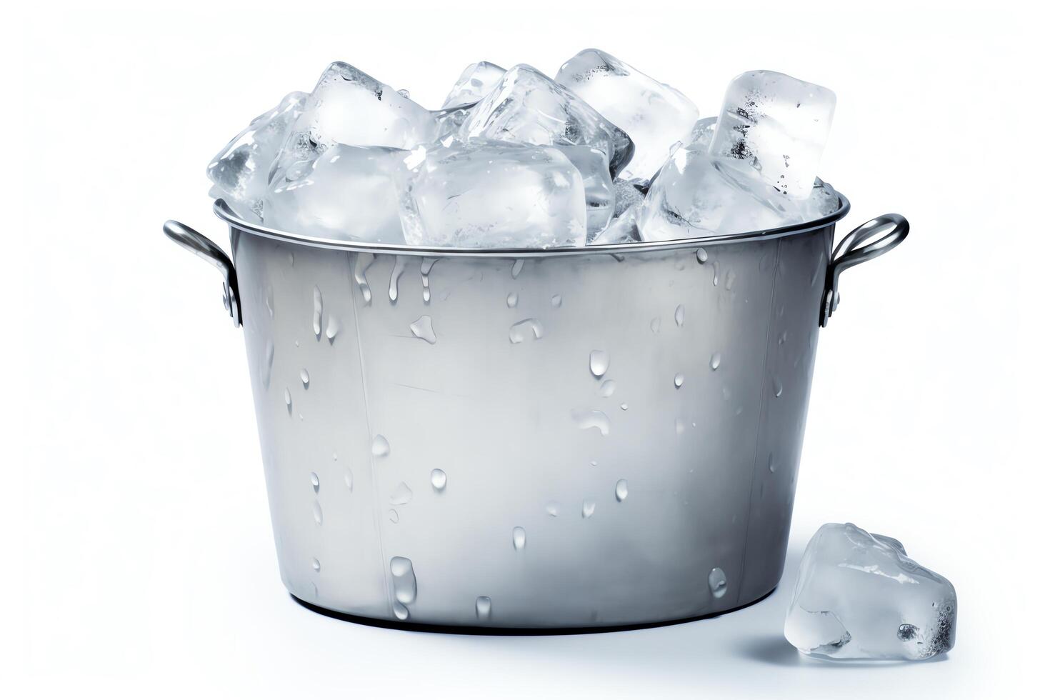 A stainless steel ice bucket filled with clear ice cubes. There is one ice cube that has fallen outside the bucket on the right side. photo