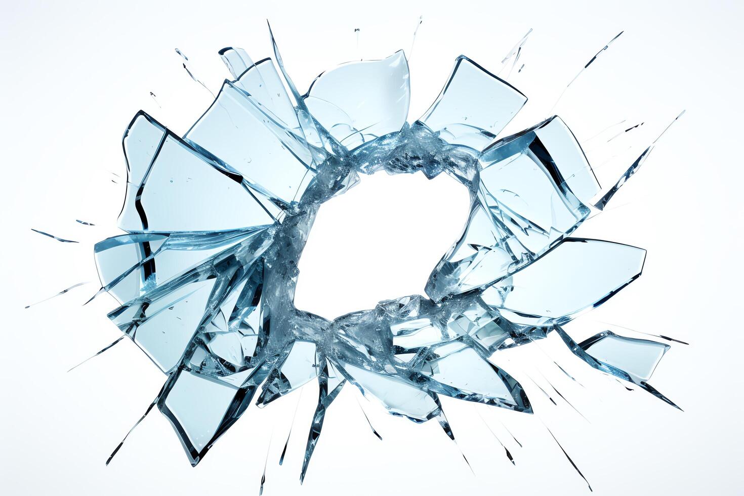 Broken glass captured as a single object in DiCut style, showcased against a white background, with all watermarks, logos, letters, and shadows removed for clarity photo