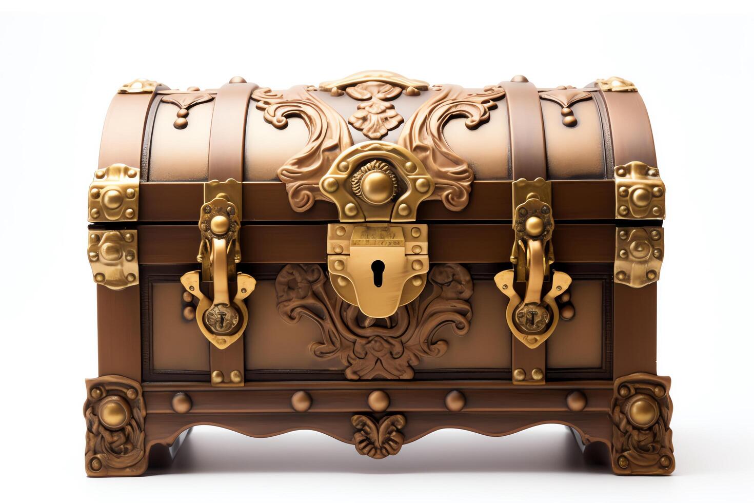 An exquisite treasure chest, adorned with intricate carvings and gleaming golden accents, stands majestically before you photo