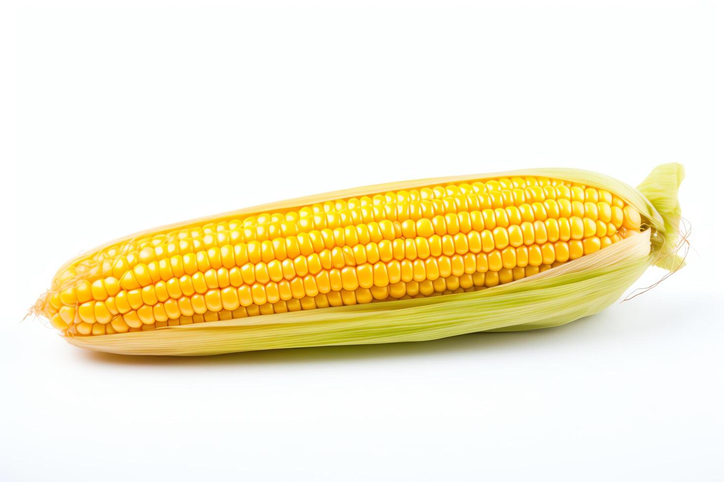 A single ear of corn, still in its husk, isolated on a white background. photo