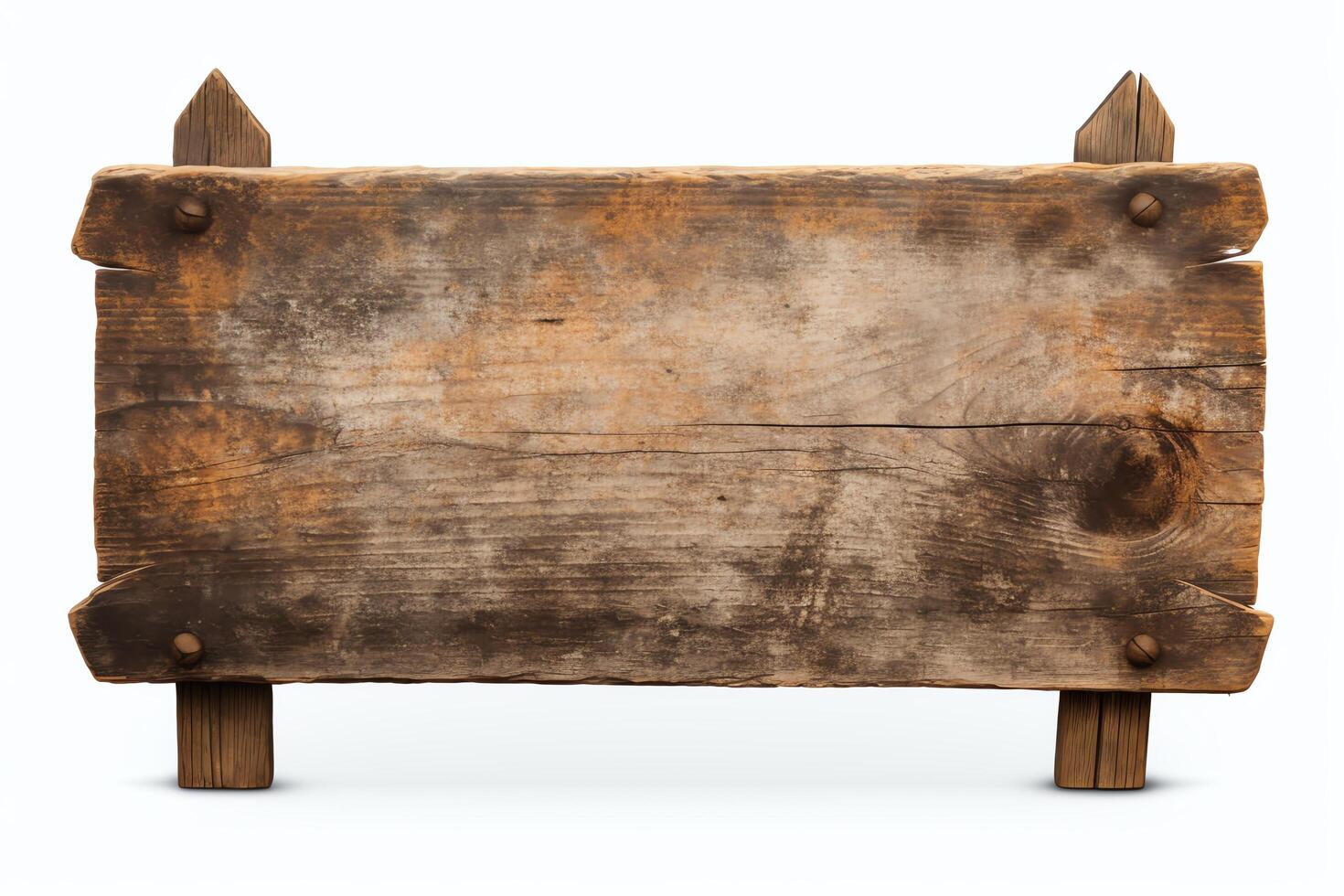 Create a western-style wooden sign. The sign should have a light brown color. There should be 4 nails in each corner of the sign. The wood should look old and weathered. photo
