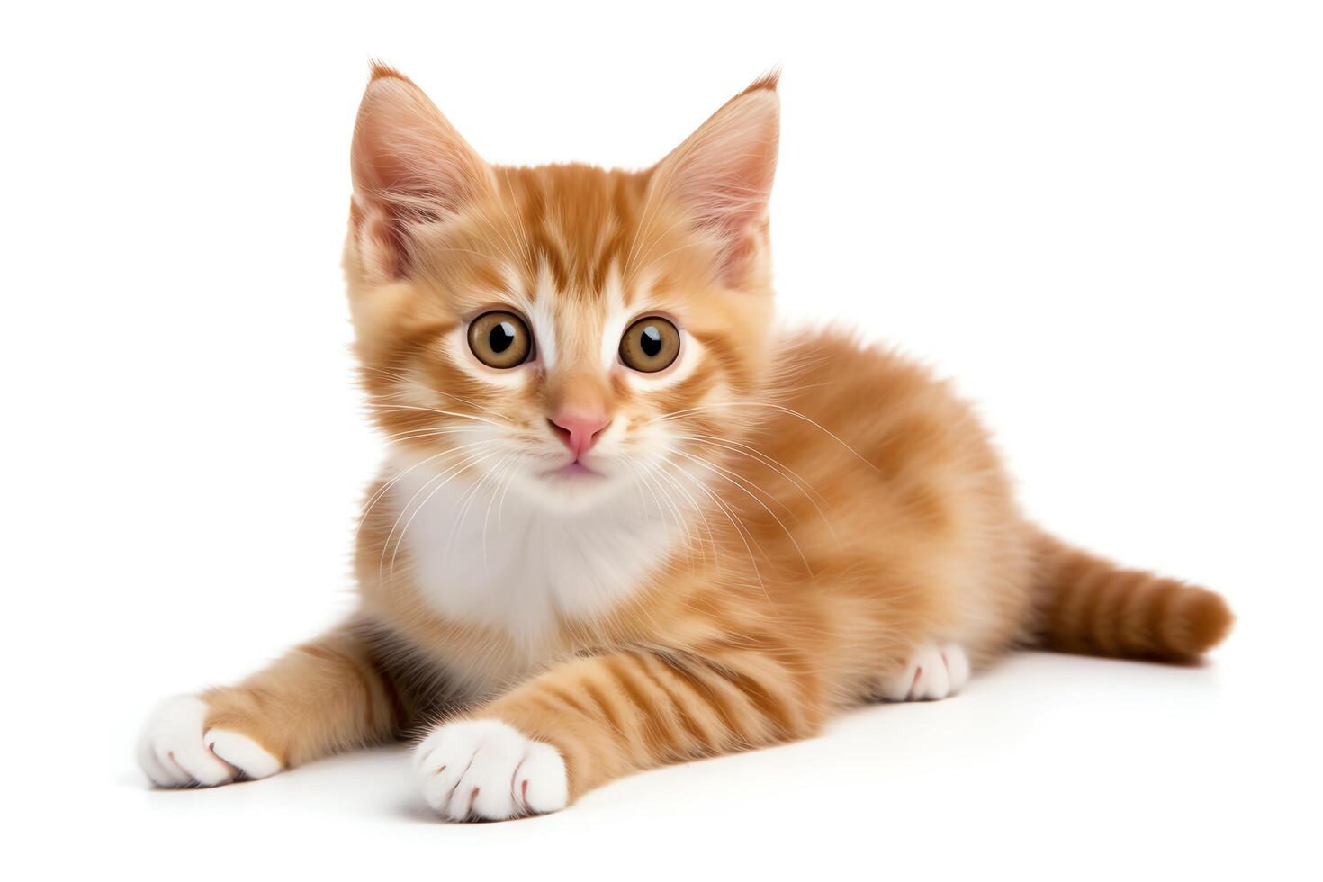 Playful kitten with a mischievous look, patches of ginger and white, isolated on a white background, in for creative uses. photo