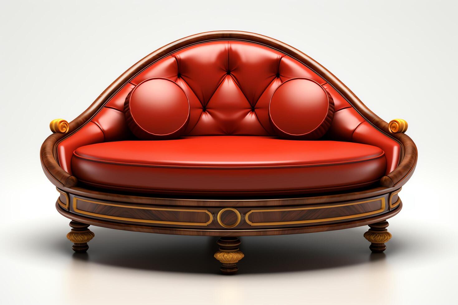 An elegant red leather chaise lounge with intricate gold accents and a luxurious tufted cushion. Perfect for relaxing in style. photo