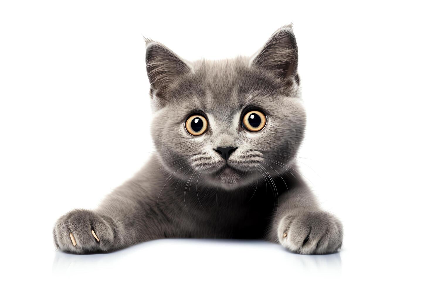 Cute grey cat lying down, paws stretched out, bright eyes open, isolated on a white background, available in highresolution . photo