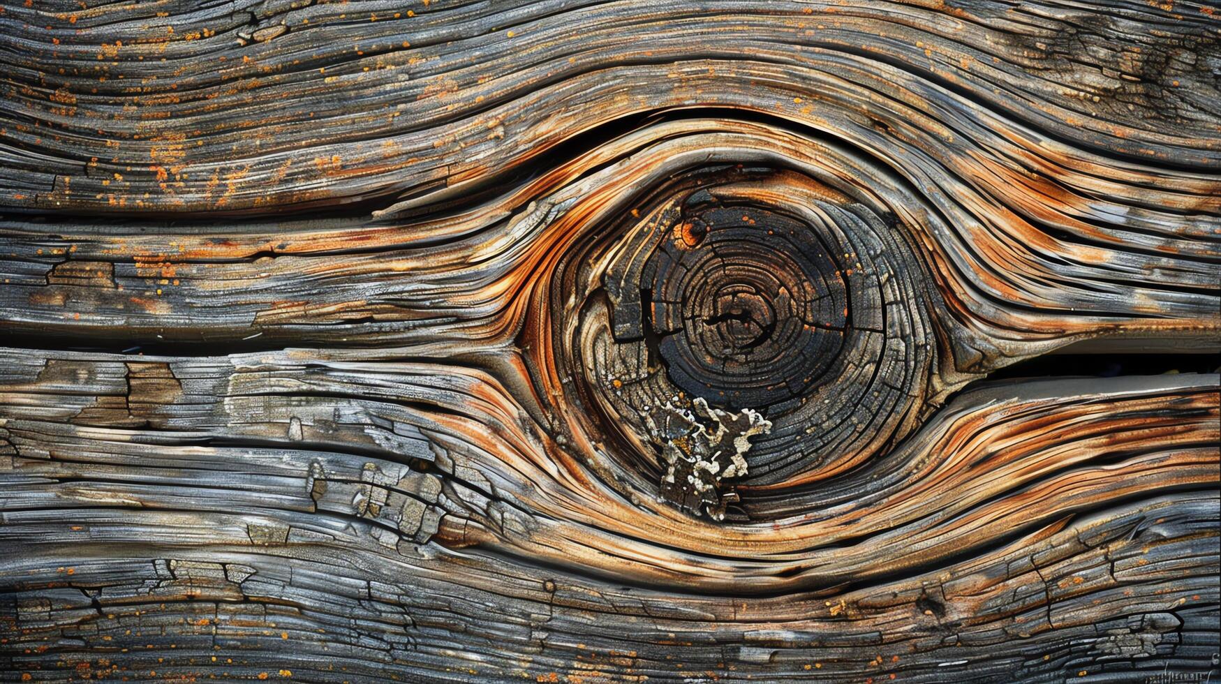 A wooden texture with a knot in the center. The wood grain is visible and the knot is a dark brown color. The wood is old and weathered. photo