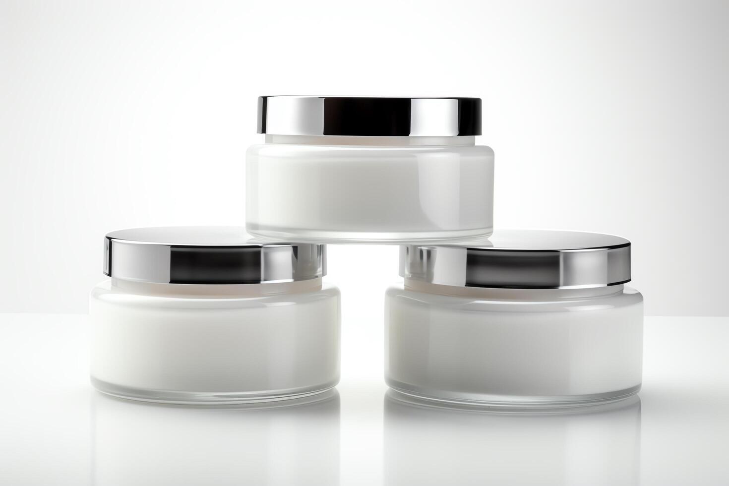 3D rendering of a. The is white and has a silver lid. The is sitting on a white background. There are threes in the image, stacked on top of each other. photo
