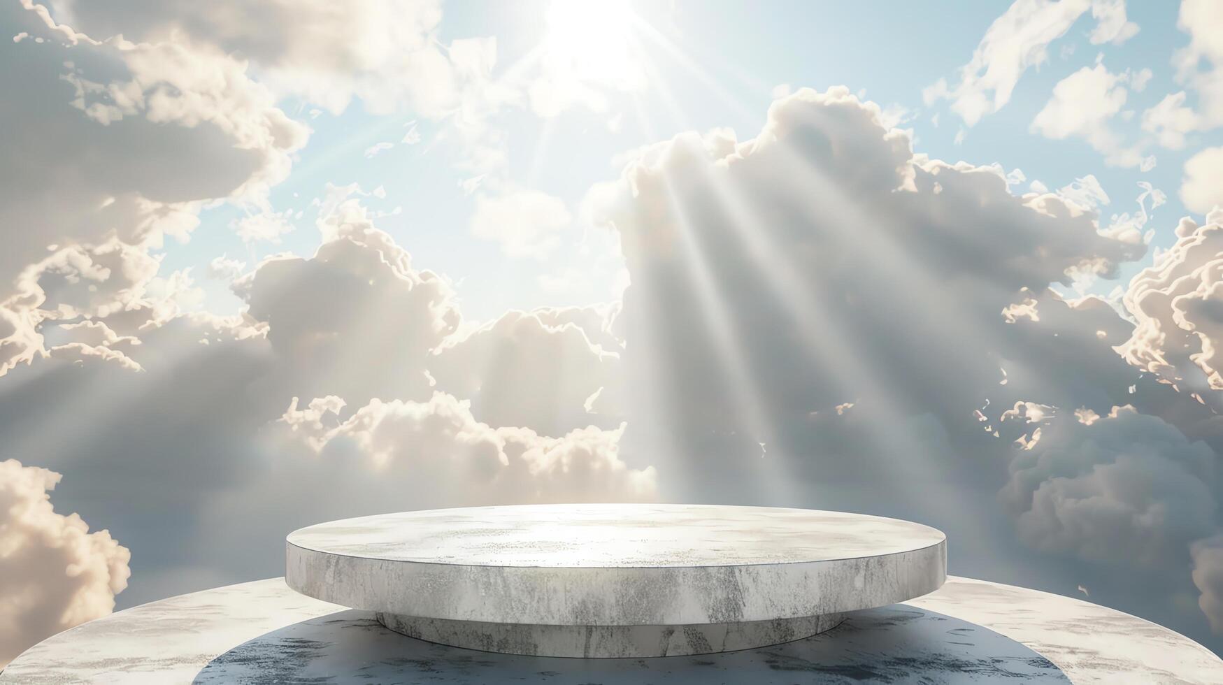 Empty round podium with sun shining through clouds, ideal for product display or mockups. photo