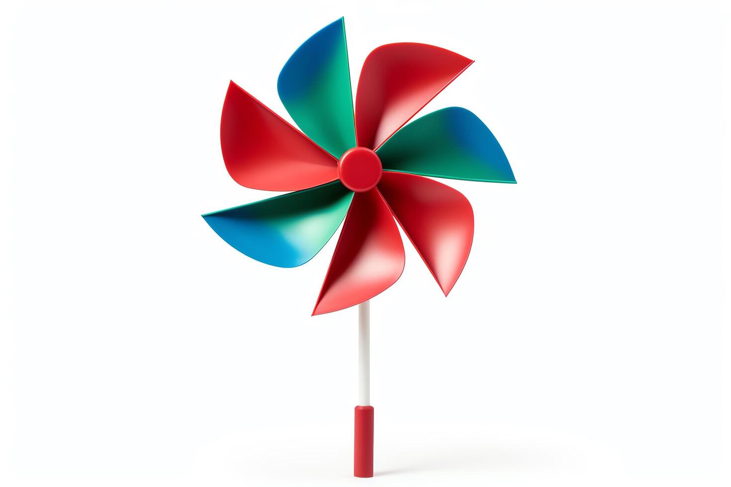 Create a 3D rendering of a red, blue, and green windmill photo
