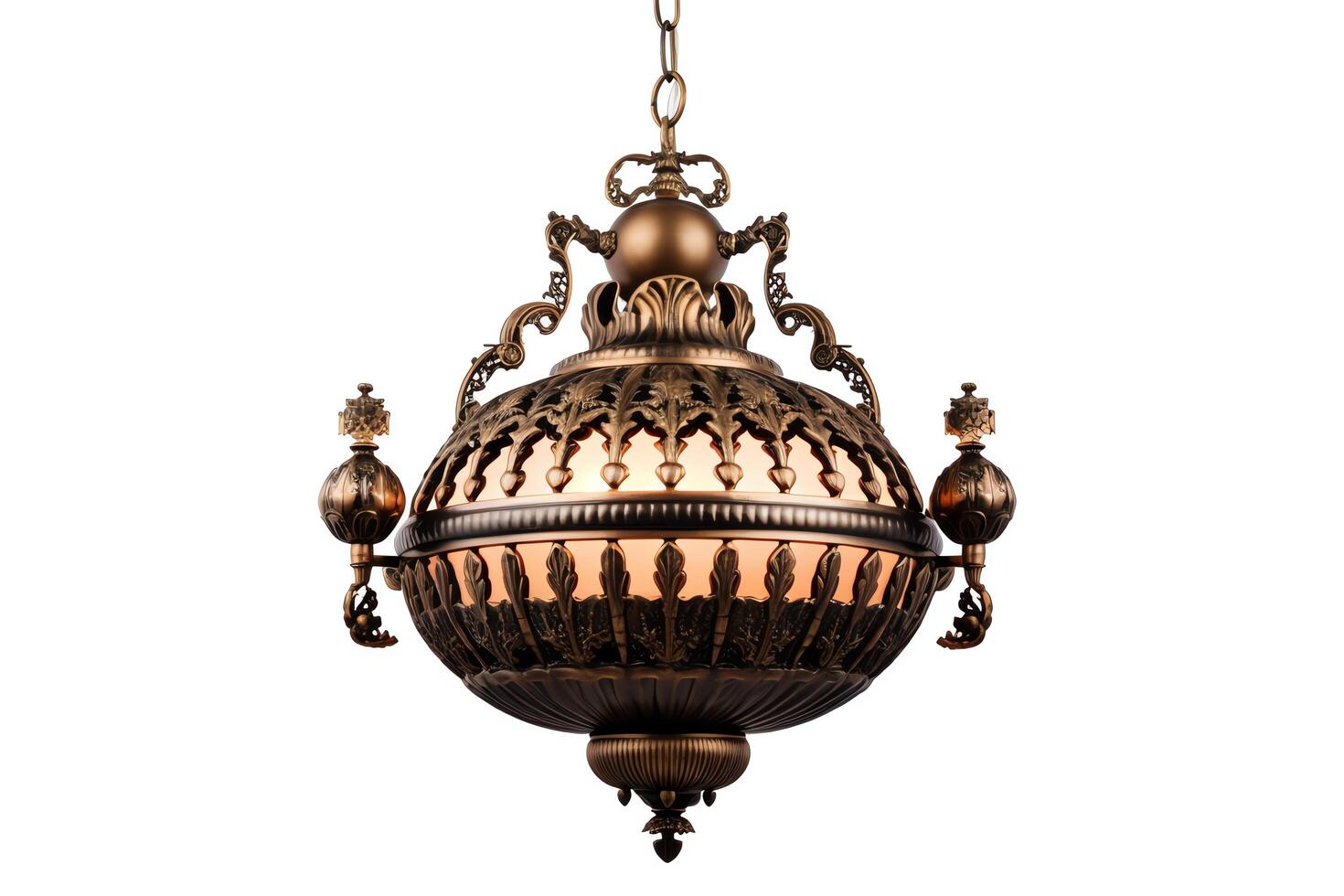 Design an ornate chandelier with a mix of victorian and gothic styles. The primary material should be bronze with hints of gold. Include intricate details and patterns. photo