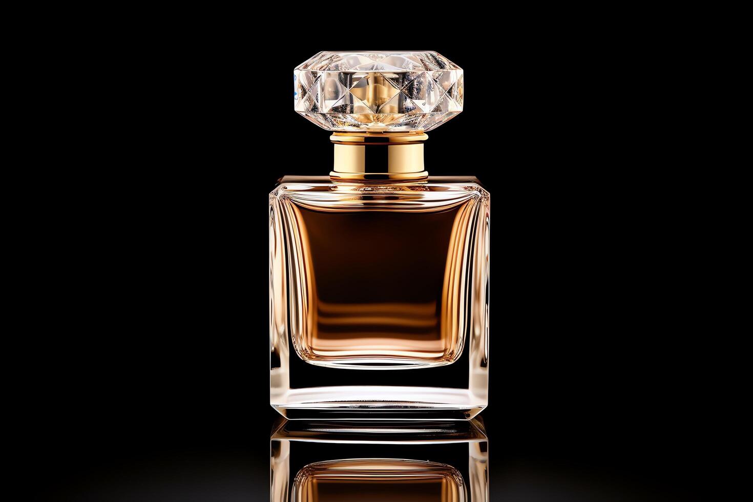 A luxurious amber glass perfume bottle with a crystal cap is sitting on a mirrored surface against a black background. photo