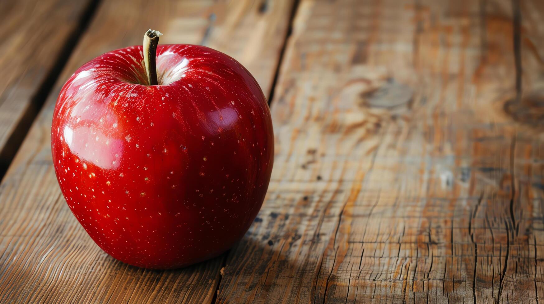 A single, shiny red apple sits on a wooden table. The apple is unblemished and perfect. photo