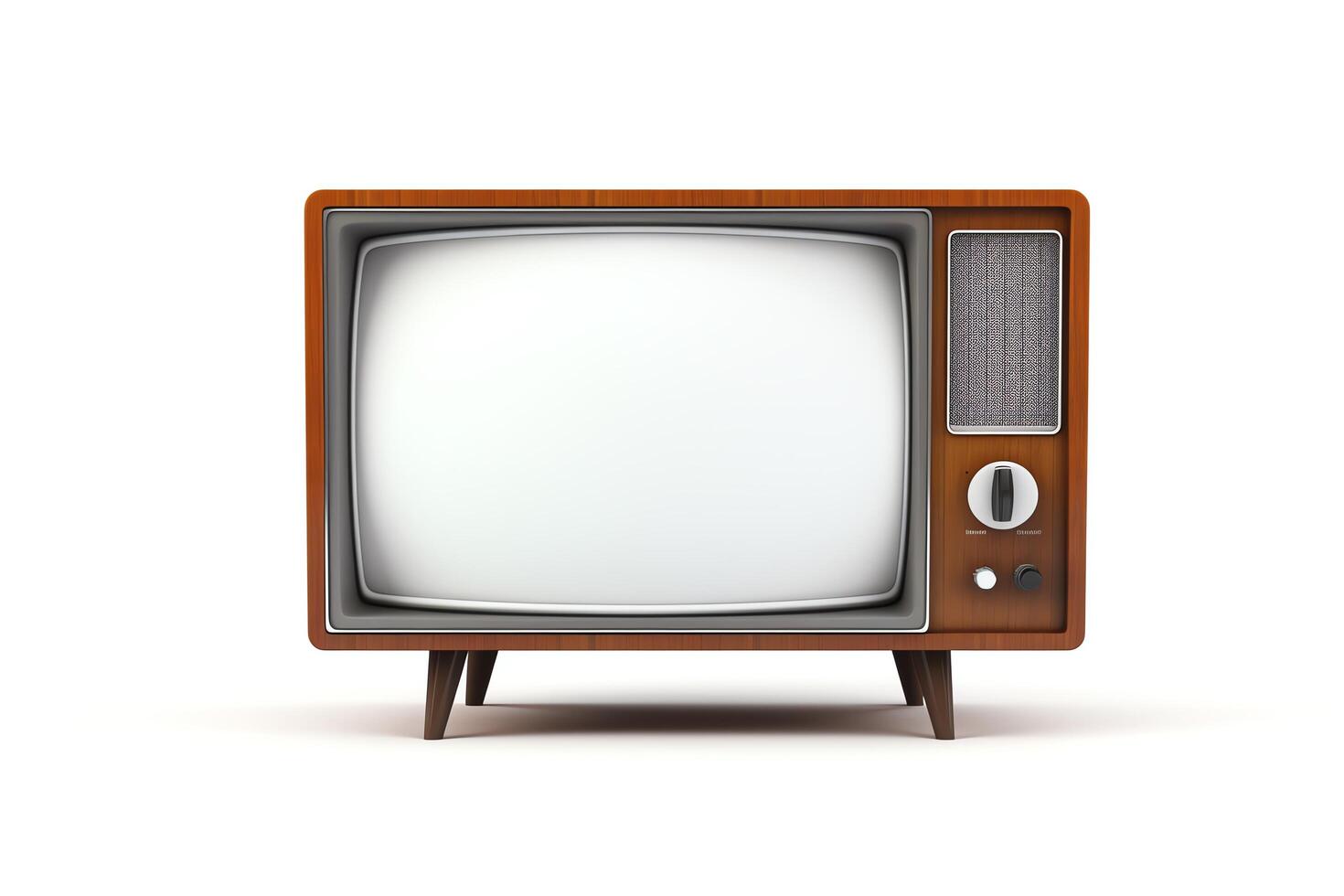 Create a photorealistic render of a vintage television with a blank screen. The television should be made of wood and have a retro design. photo