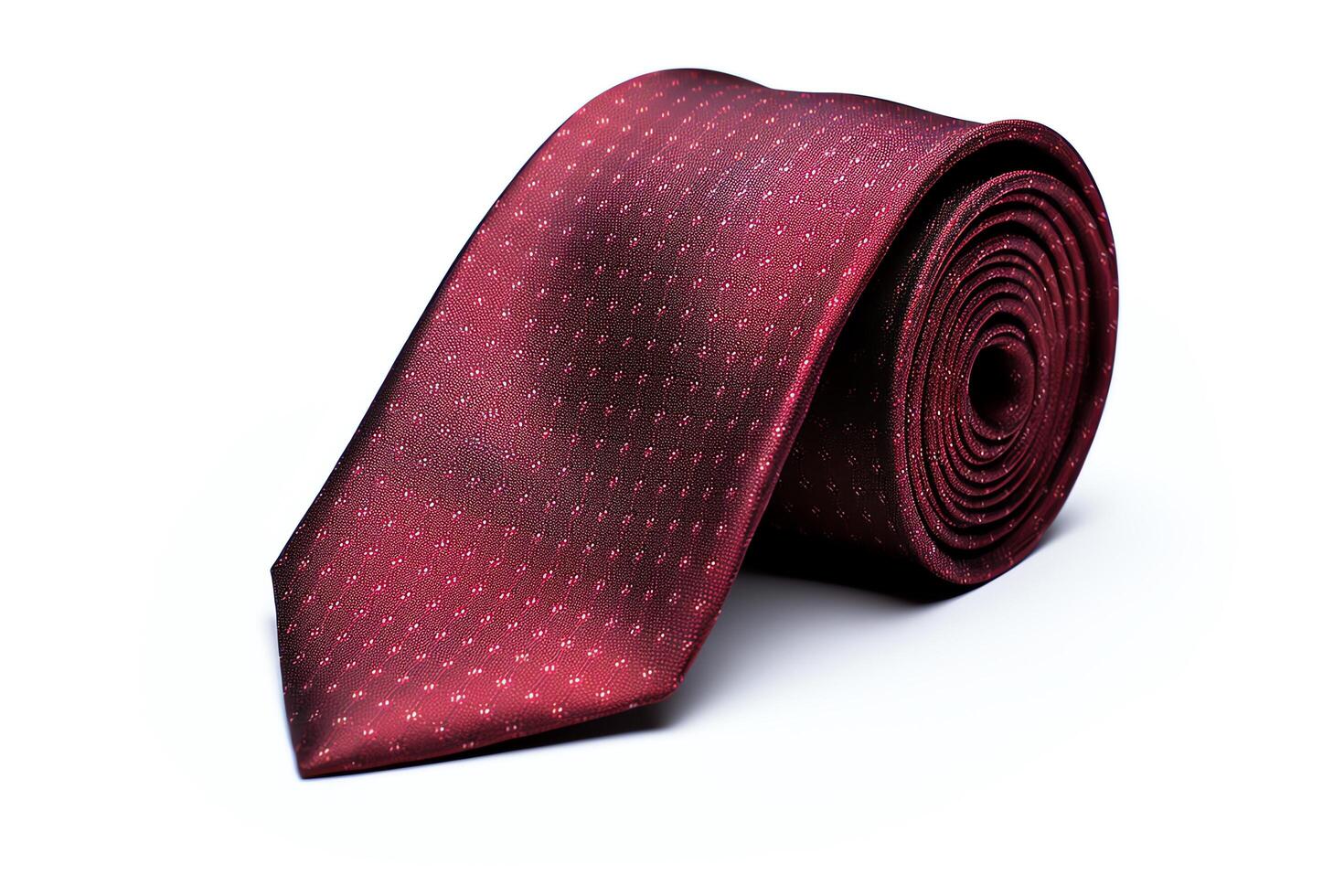 A burgundy red tie with a dotted pattern. The tie is rolled up on a white background. photo