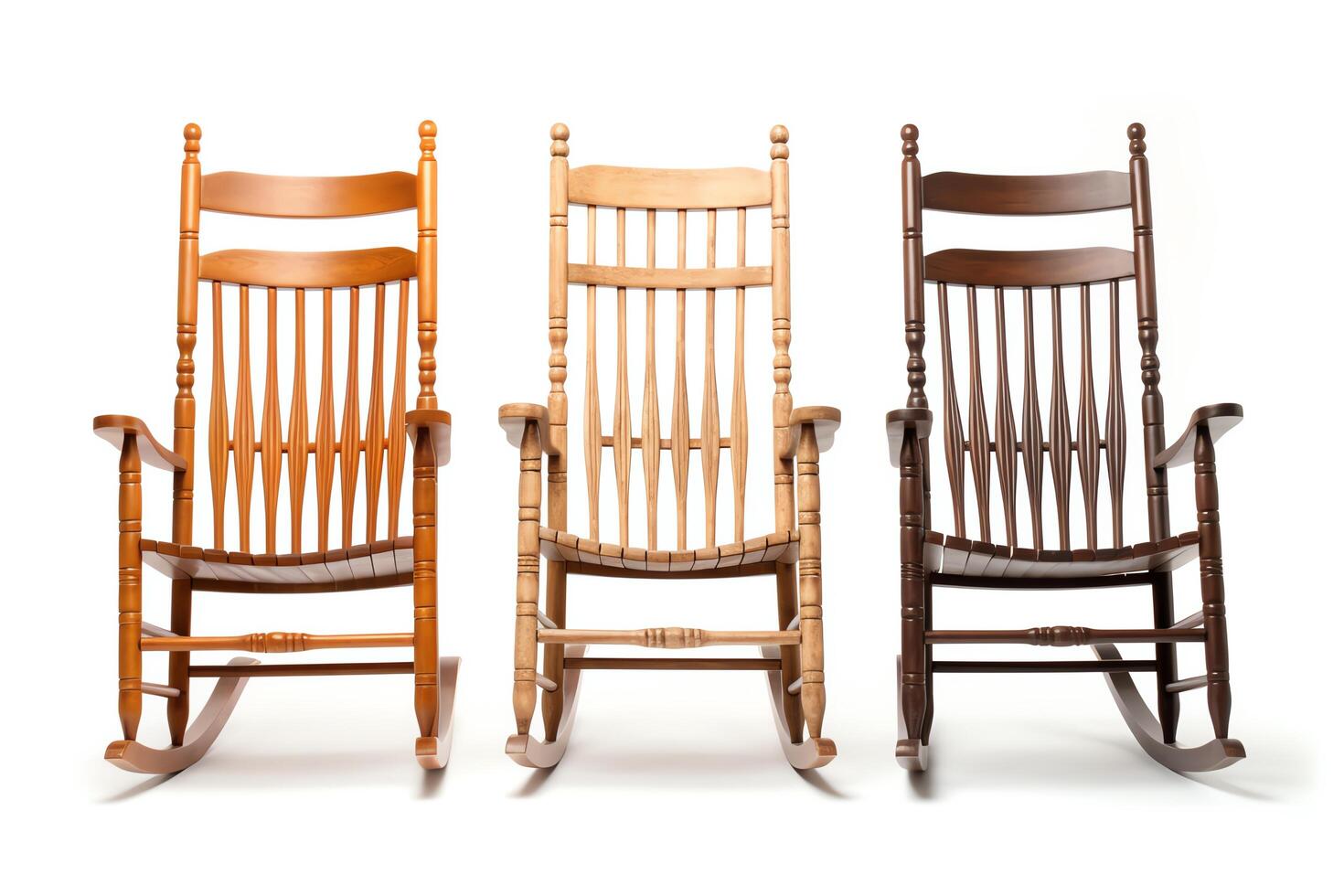 Rocking chairs in different styles, each presented in highresolution format, isolated on white, suitable for nursery rooms and porch designs photo