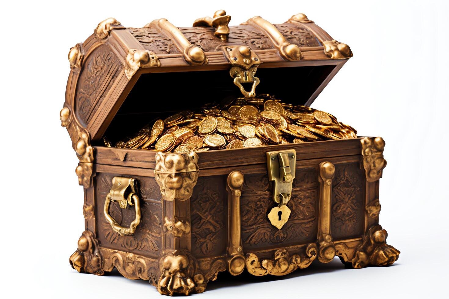 A wooden treasure chest filled with gold coins. The chest is open and the coins are spilling out. photo