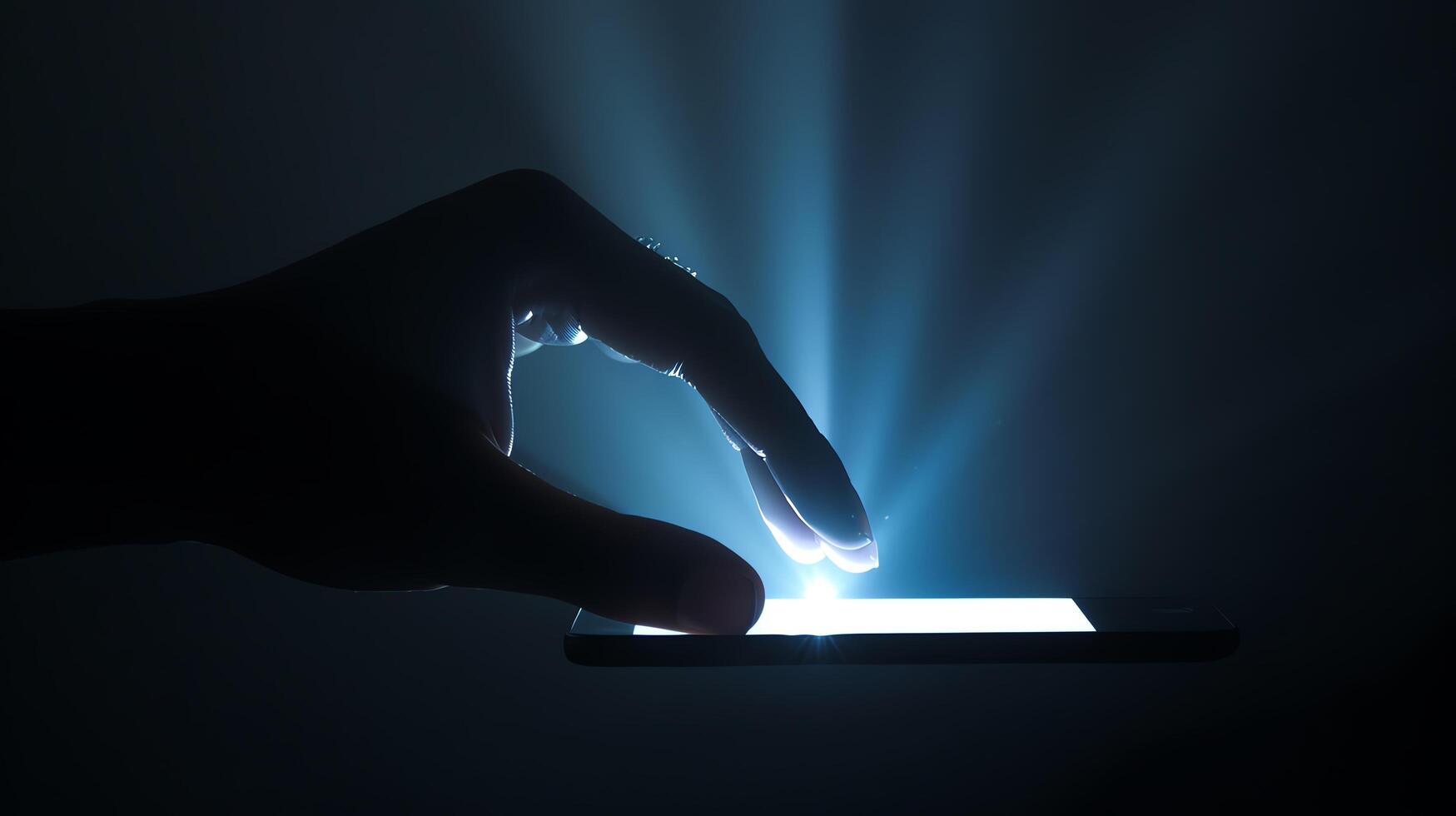 A hand is holding a phone in the dark. The light from the screen is illuminating the hand and the phone. The background is dark. photo