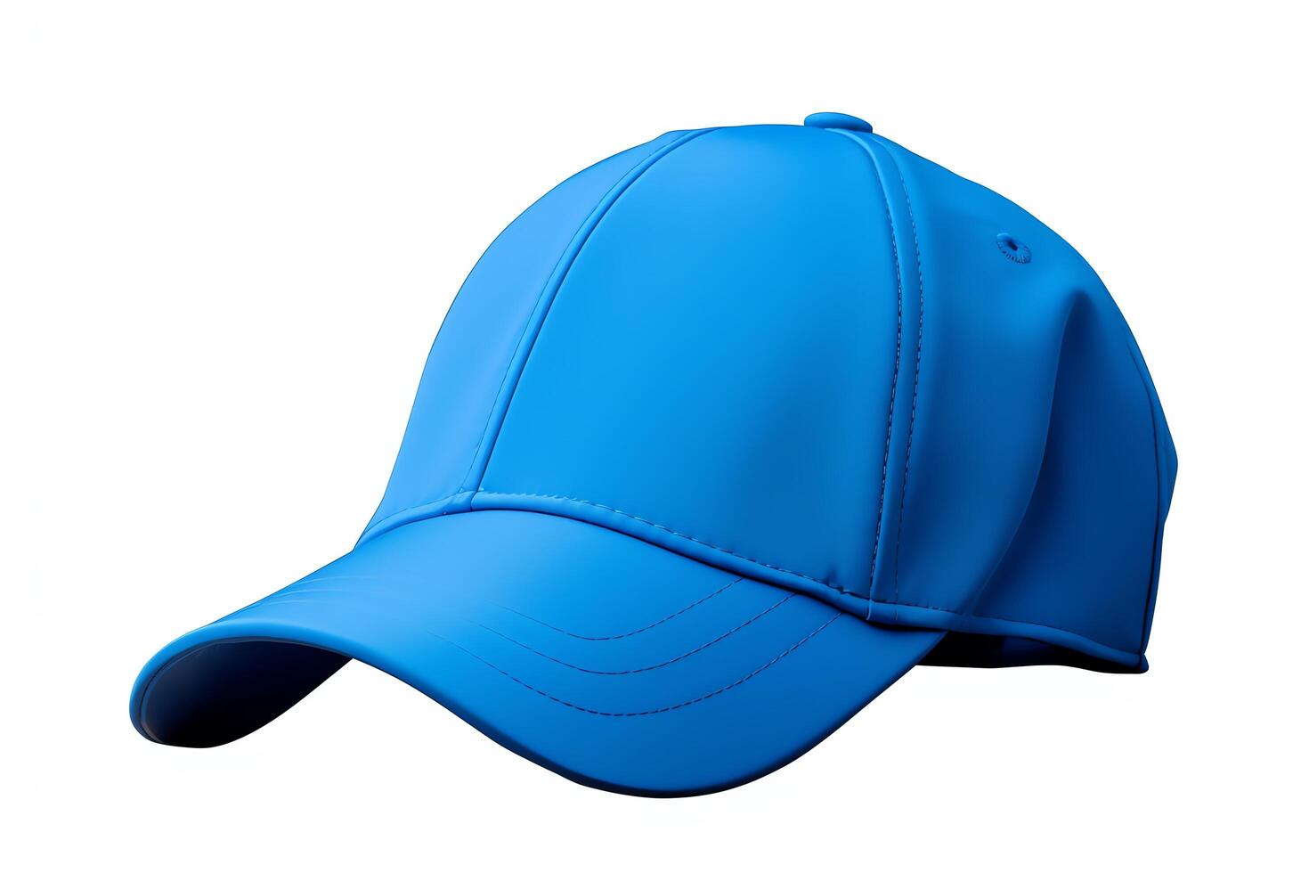 Sports cap with a curved brim, vibrant blue, side view, isolated on a white background, format for clear imagery. photo