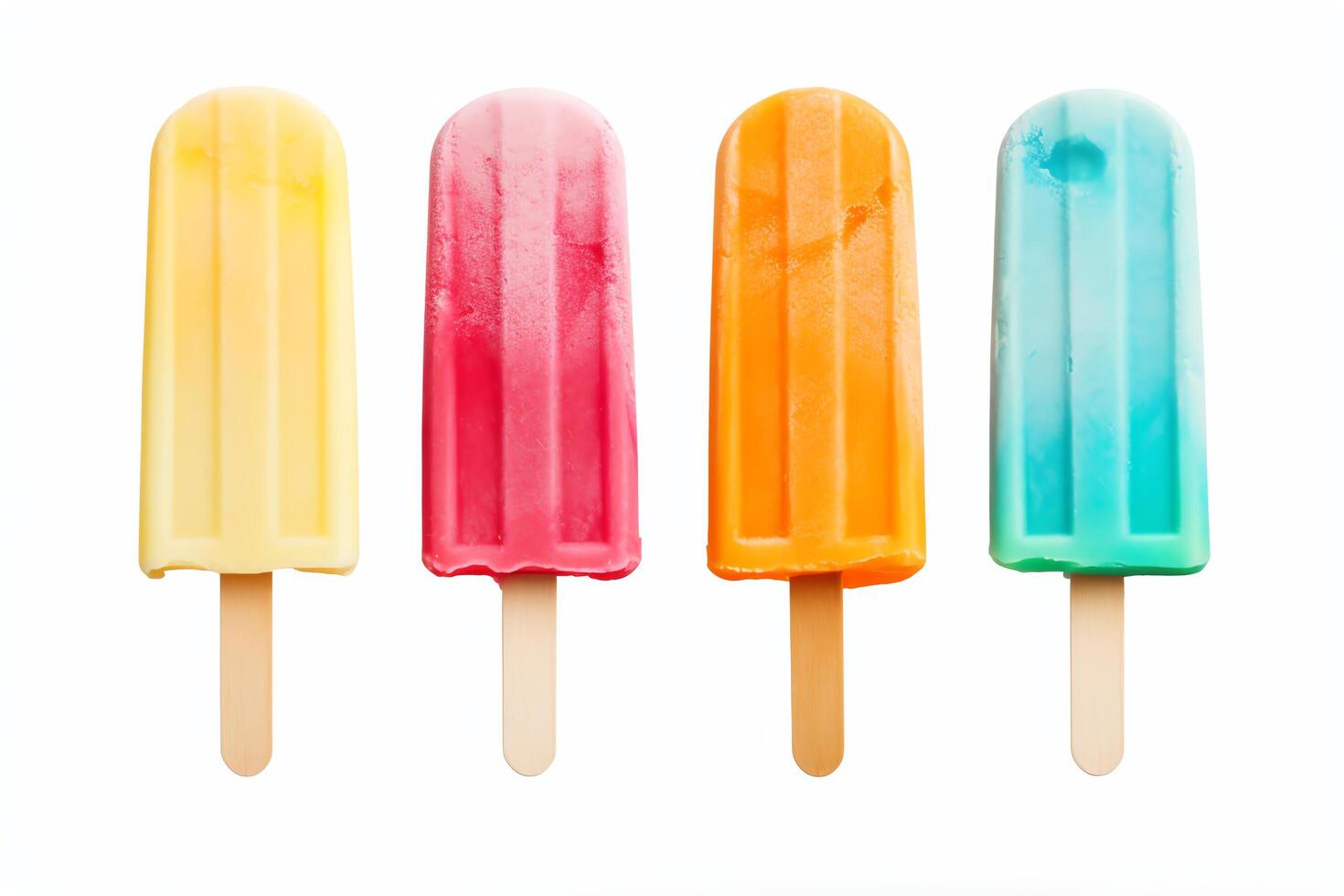 Four colorful popsicles on a white background. The popsicles are yellow, pink, orange, and blue. photo
