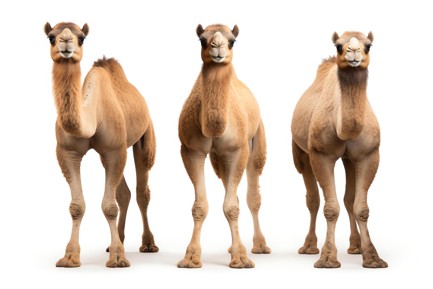 A group of three camels standing in a row, isolated on a white background. The camels are all facing the camera and are in focus. The camels are all tan and have brown fur. photo
