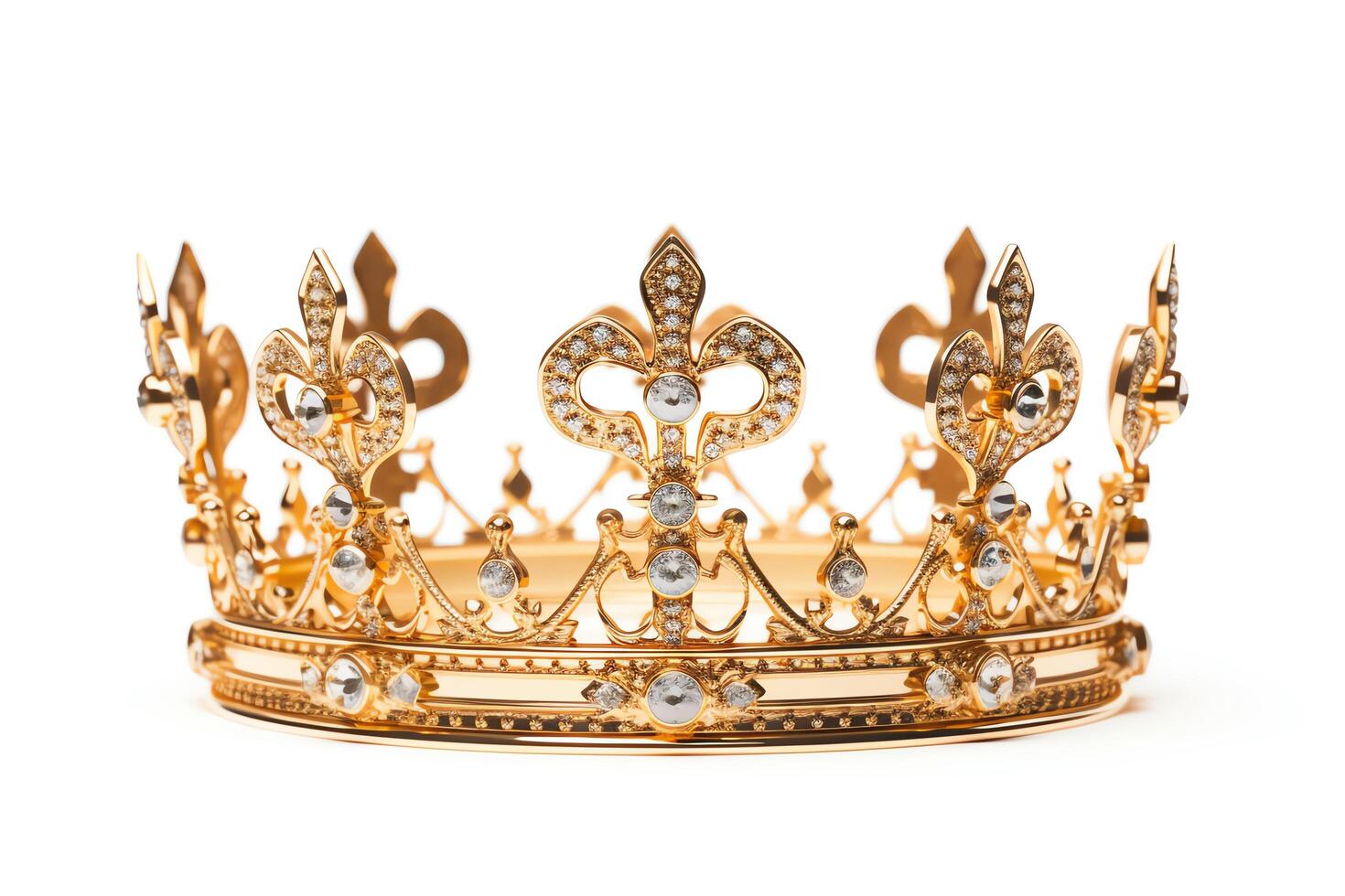 A golden crown encrusted with diamonds and jewels. It is a symbol of power, authority, and royalty. photo