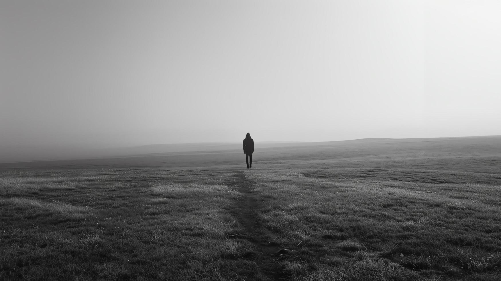 A lone figure walks through a field of wheat. The path is long and difficult, but the figure keeps going. photo