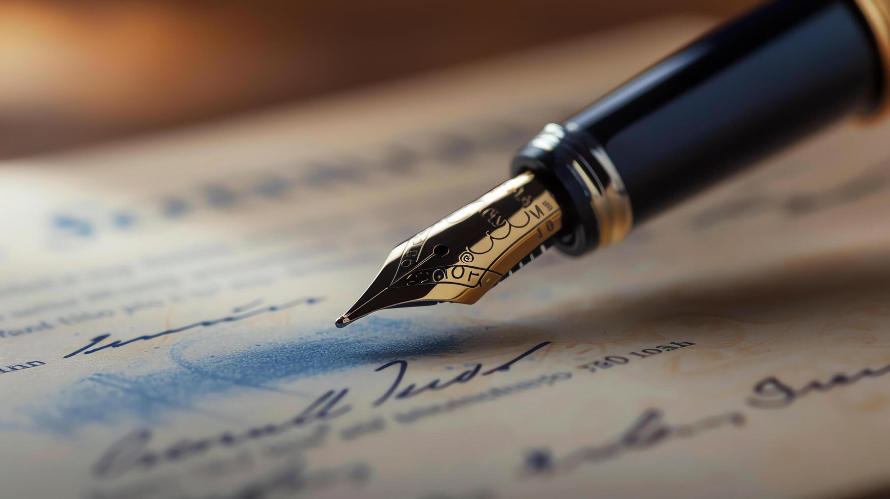 A fountain pen with a gold nib is poised over a document, ready to sign photo